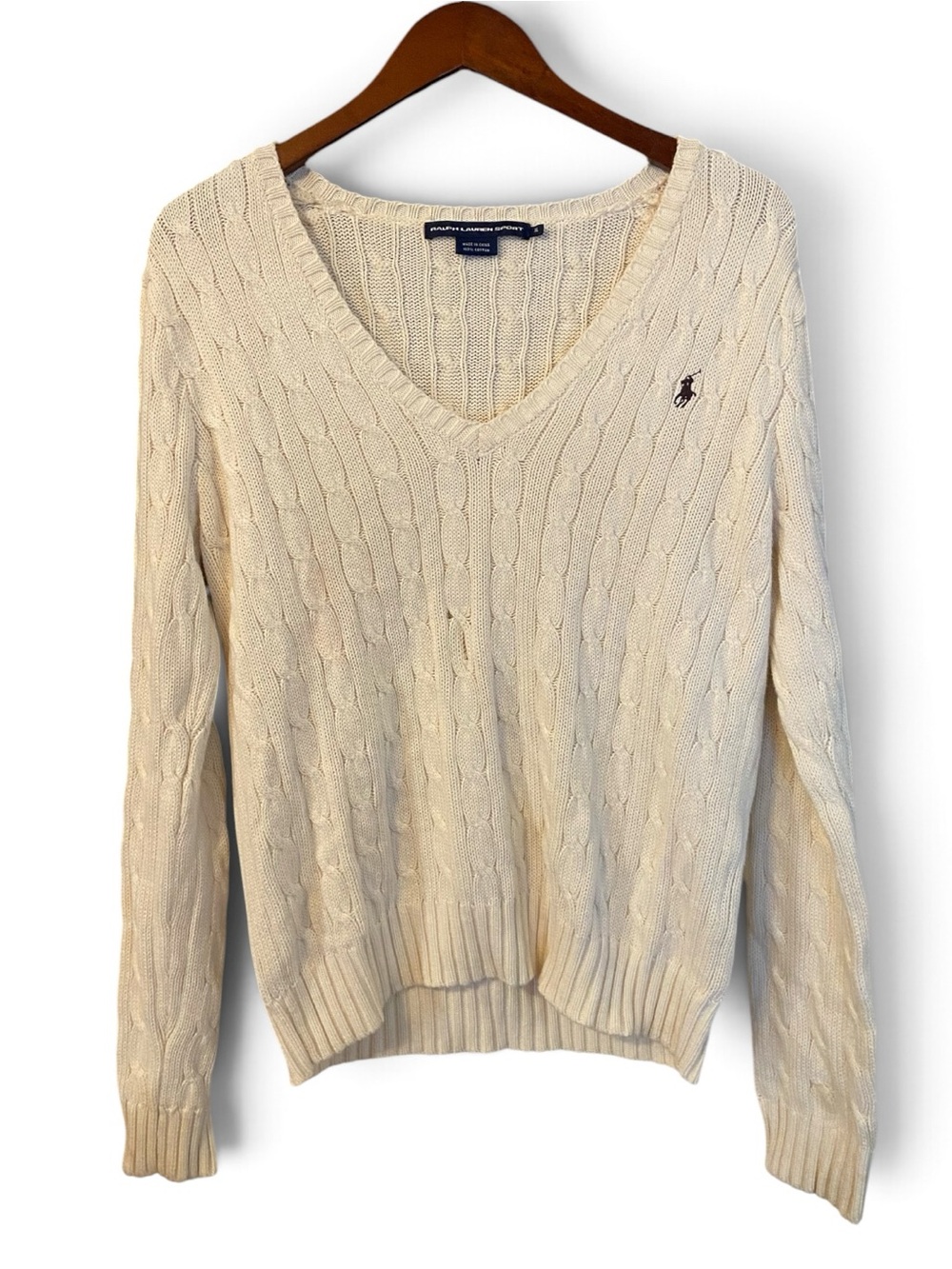 Ralph Lauren Sport Cable Knit V-Neck Sweater Cream Cotton Women’s XL Pony VTG